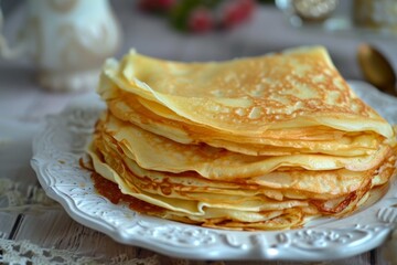 A stack of Russian pancakes on a light breakfast plate