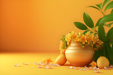 Traditional Indian kalash, marigold flower garland with mango leaf on yellow background. Ugadi or Gudi Padwa celebration. Hindu New Year. Religion and ethnic concept. For banner, greeting card, poster