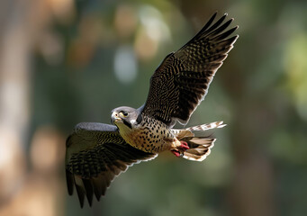 Fototapeta premium Falcon fying in wood. Spread wings. Generative AI