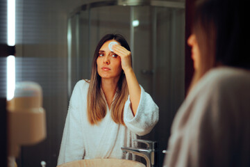 Woman Removes Make-up with a Cotton Pad in the Mirror. Pretty millennial girl using tonic products...