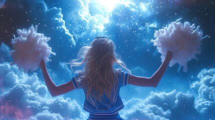 In a whimsical fantasy realm, a teenage blonde cheerleader stands against a starry night sky adorned with clouds, brandishing pom-poms shaped like clouds
