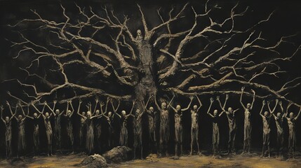 A dark, haunting artwork depicting skeletal figures with arms raised beneath a tree-like figure - obrazy, fototapety, plakaty