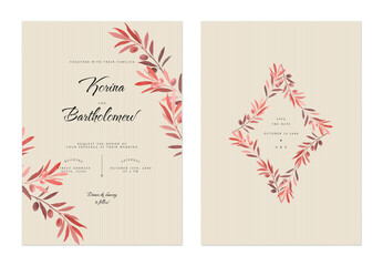 Wedding invitation template, red elegant olive branch on brown - 733528017