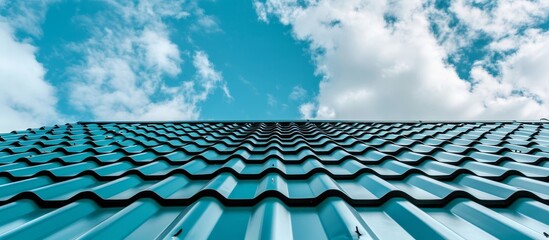 Blue sky backdrop with PVC coated metal roof sheets imitating tile covering a green contemporary roof.