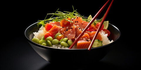 Delicious Japanese poke bowl presented in a professional studio with elegant black background, This tuna poke bowl features cubed raw tuna sushi rice and a variety of fresh vegetables for a healthy an