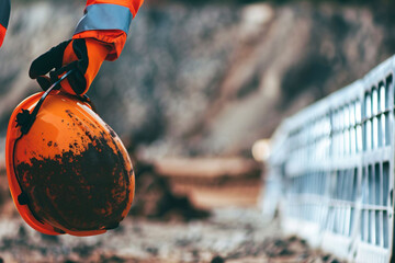 Detail of a gloved hand holding a safety helmet isolated on an out of focus background, in a construction site environment, with space for text. Concept of worker's day, trades.