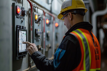 Technical worker performing maintenance work in a facility using a tablet to perform diagnosis. Concept of labor day, maintenance, trades.