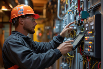 Technical worker performing maintenance work in a facility using a tablet to perform diagnosis. Concept of labor day, maintenance, trades.