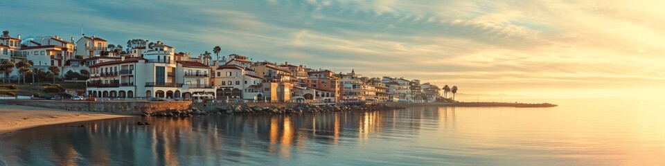 Fototapeta na wymiar Coastal town at sunrise, with soft light illuminating the buildings along the shoreline