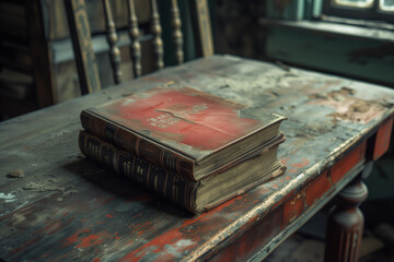 Antique old books on old wooden table. fantasy medieval period and religious concept - obrazy, fototapety, plakaty