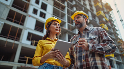 Team of engineers, man and woman, planning and organizing the work to be carried out on a construction site, using a tablet. Concept of labor day, equality, cooperation... - obrazy, fototapety, plakaty