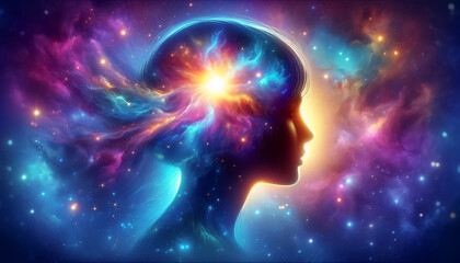 ひらめきは無限大の人間、女性のシルエット　（ AI生成画像 ）