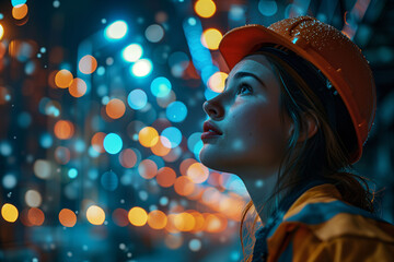 Working woman with clothing and safety elements, in a work environment with space for text. Concept of working women's day