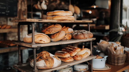Fototapeta na wymiar Nostalgic Flavors: Delicious Breads in a Time-Worn Bakery