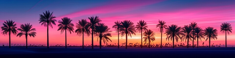 Fototapeta na wymiar Desert oasis at twilight, with palm trees silhouetted against a colorful evening sky