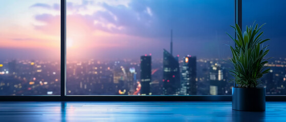 A sleek modern office interior overlooking a vibrant city skyline bathed in the warm hues of sunset.