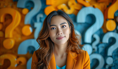 Young asian woman expressing doubt on her face, with question symbols around her head. Image for advertising, web or commercial.