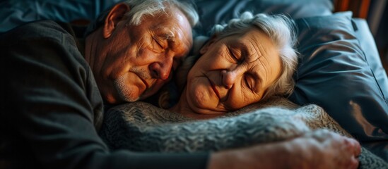 Elderly couple peacefully asleep in bed.