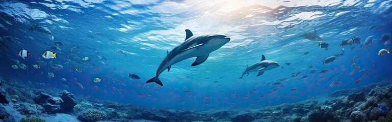 Panoramic dolphins swimming underwater life