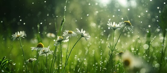 A breathtaking natural landscape of grassland covered in a field of daisies, with raindrops tenderly falling on the flowering plants, creating a beautiful prairie scene.