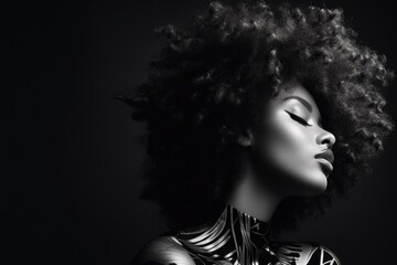 Portrait of an beautiful  afro American woman with makeup. Black And White picture. Copy Space. 