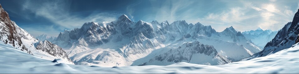 Snow-covered alpine panorama,  with towering peaks and a serene winter landscape - obrazy, fototapety, plakaty