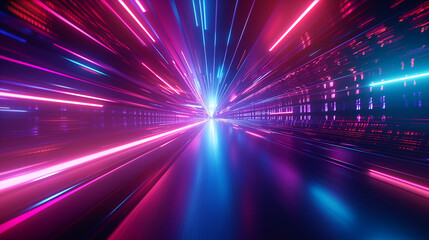 Fototapeta na wymiar Light motion. Speed motion on the neon glowing road at dark. Speed motion on the road. Colored light streaks acceleration. Abstract illustration. Pink and Blue motion streaks.