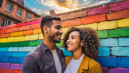 a colorful street art lgbt bisexual gender couple friends pride relationship friendship painted wall lifestyle gay lesbian rainbow mural genders together brick graffiti lgbtq travel urban building - obrazy, fototapety, plakaty