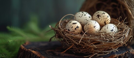Naklejka na ściany i meble Concept of a village with quail eggs in a wooden nest on a dark background