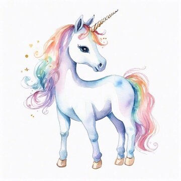 Watercolor illustration of a unicorn isolated on a white background. Good for printing on children's t-shirt, clothes