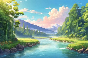 A river with a bamboo forest beside it. In anime style