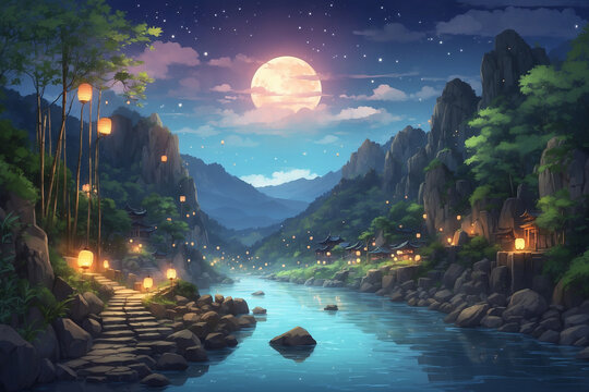 A rocky river with a bamboo forest beside it at night lights up with lanterns beside it. In anime style