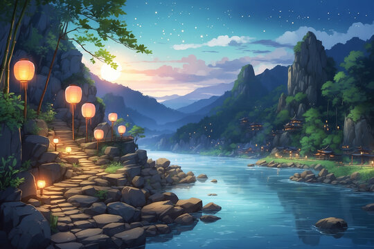A rocky river with a bamboo forest beside it at night lights up with lanterns beside it. In anime style