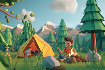A 3d man camping, asset game, in the style of texture-rich landscapes, cute cartoonish designs, clean and streamlined, subtle gradients, grid-based, captivating