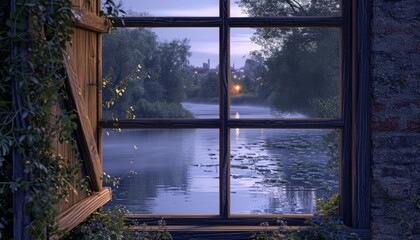 A Room's Window Submerged in a River, A Dreamlike Art Piece for Enthusiasts and Collectors - obrazy, fototapety, plakaty