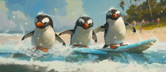 Three Adorable Penguins Surfing Behind a Beach Scene