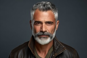 Portrait of a handsome mature man with grey hair and beard wearing a leather jacket.