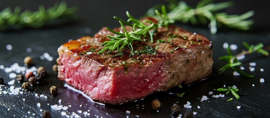 An image of a square steak, seasoned with herbs and salt, served at an American meat restaurant.
