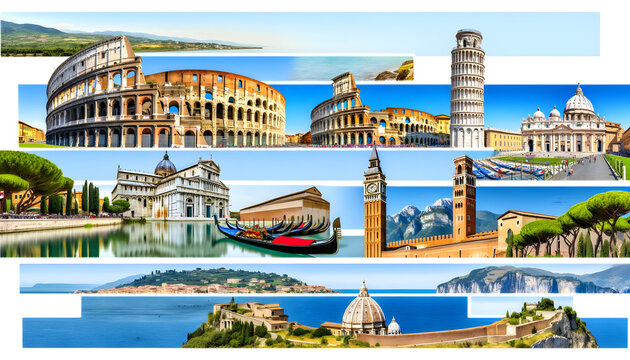 a panoramic collage featuring Italy's iconic landmarks. The image integrates the Colosseum of Rome, Venice's waterways with gondolas, the leaning Tower of Pisa, the Duomo of Florence