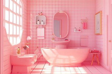 Fototapeta na wymiar A 3d pink bathroom, asset game, in the style of texture-rich, cute cartoonish designs, clean and streamlined, subtle gradients, grid-based, captivating