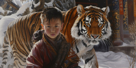 Fototapeta na wymiar a tiger is behind the boy, generative AI