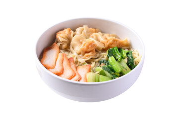 Noodles soup with wonton dumpling and grilled red pork, Asian food