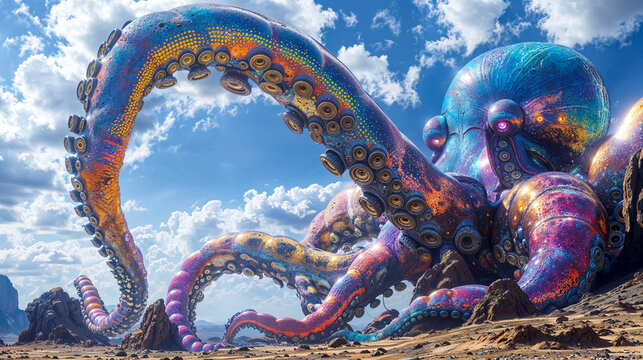 Giant metal octopus robot creature, alien, science fiction, concept art