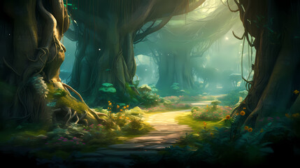 Naklejka premium Lush green forest, vibrant green plants in the forest