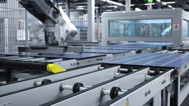 Autonomous robot arms in cutting edge solar panel logistics warehouse maneuvering photovoltaic modules. PV cells produced in renewable energy facility with assembly lines, 3D rendering close up shot