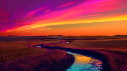 Vibrant Sunset Over Serpentine River in Countryside