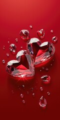 Red crystalline hearts on red background with sparkles.