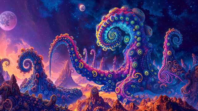 Giant tentacles alien landscape, science fiction, concept art