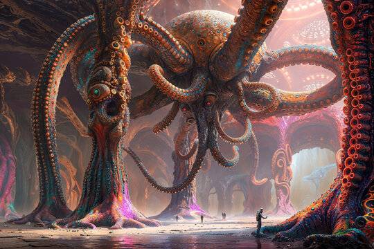 Explorers astronauts underneath a giant octopoid alien creature, science fiction, landscape, concept art