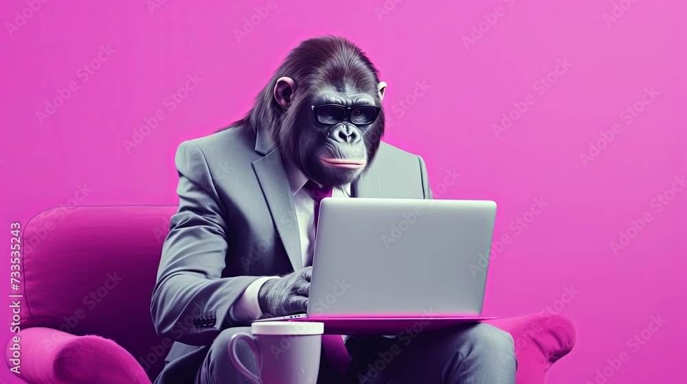 Fototapete ape in suit using a laptop while working on bright pastel background. advertisement. presentation. c